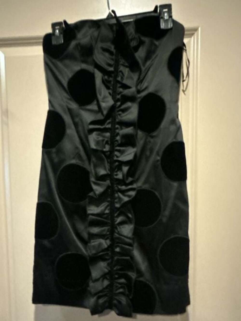Phoebe Couture Black Satin & Velvet Polka Dot Strapless Cocktail Dress Size 2